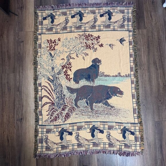 Golden Retriever Hunting Scene Tapestry Woven Throw Blanket Ducks Pheasant plaid - Picture 5 of 7